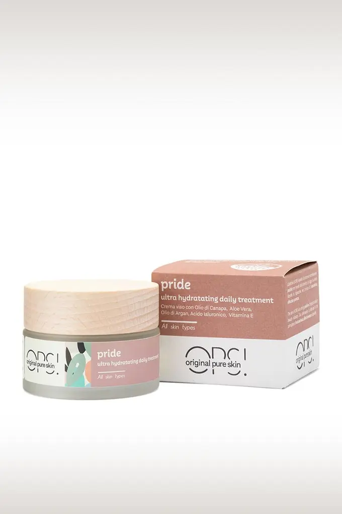 Pride crema viso idratante antirughe, con olio di canapa e acido ialuronico con astuccio